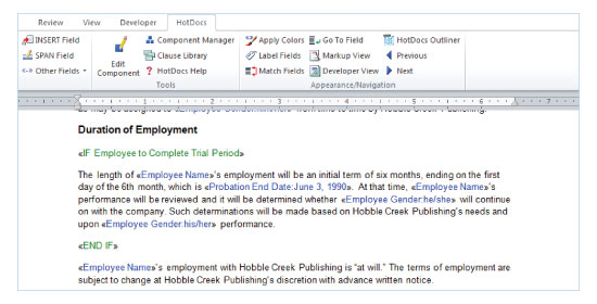 A screenshot of a HotDocs template